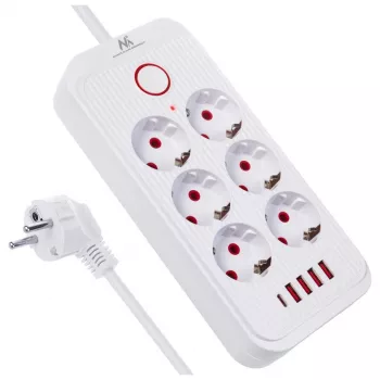 Strāvas sadalītājs MACLEAN MCE389 W — 6 ligzdas, 4×USB-A, 1×USB-C, 2500W, 110–240V, 1,5 m vads, balts
