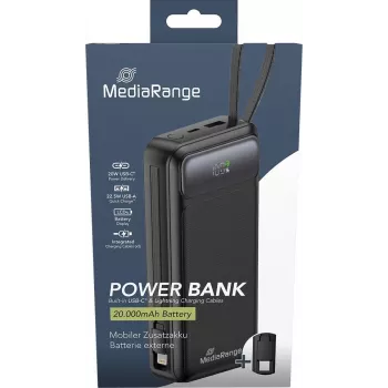 Power bank MediaRange MRMA756 — 20000 mAh LiPo, 15 W izeja, USB-A + USB-C, melns