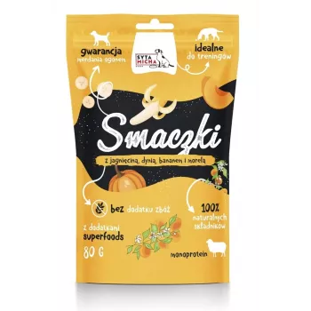 Suņu kārumi SYTA MICHA Treats ar jēru, ķirbi, banānu un aprikozi 80 g — bezgraudu, hipoalerģiski, pieaugušiem suņiem