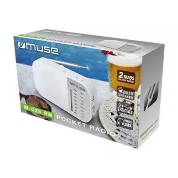 Pārnēsājamais radio Muse M-025 RW — analogais FM/MW, balts, bateriju darbināms, ārējā antena