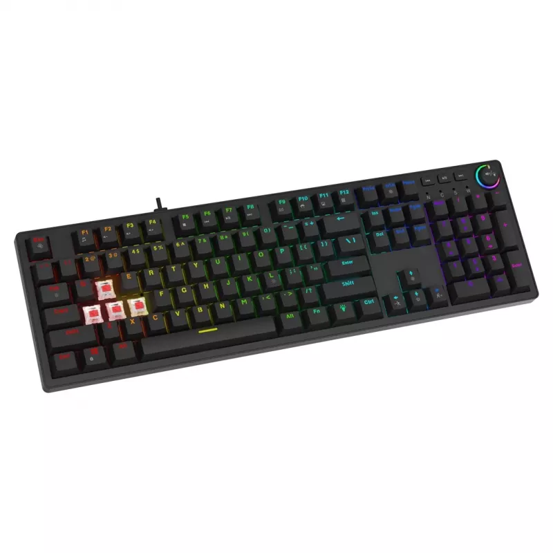 Mehāniskā spēļu tastatūra SAVIO STYX Outemu Blue Hot-Swap RGB USB QWERTY US International Melna 104 taustiņi