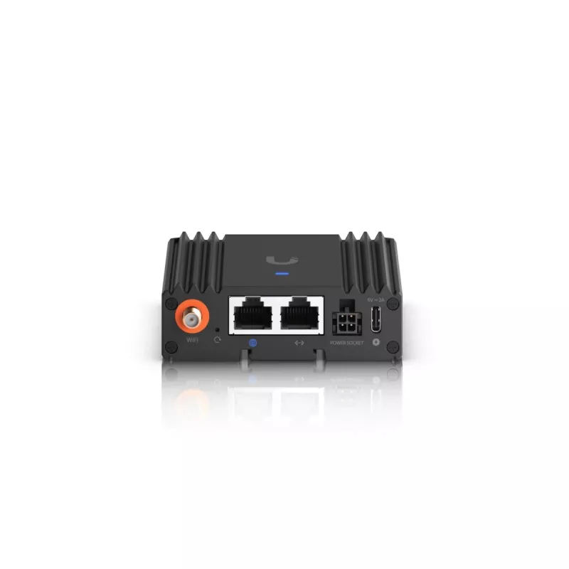 Mobilo tīklu maršrutētājs Ubiquiti UMR-Ultra — 4G LTE, NanoSIM, 2,4 GHz Wi‑Fi, 2x RJ‑45, 3 ārējās SMA antenas, 5–30 V DC