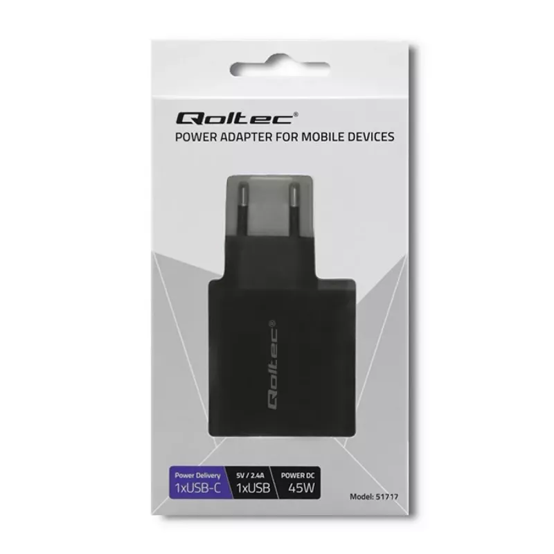 Barošanas adapteris QOLTEC 51717 45W 20V 3A AC iekštelpu lādētājs viedpulkstenim, melns