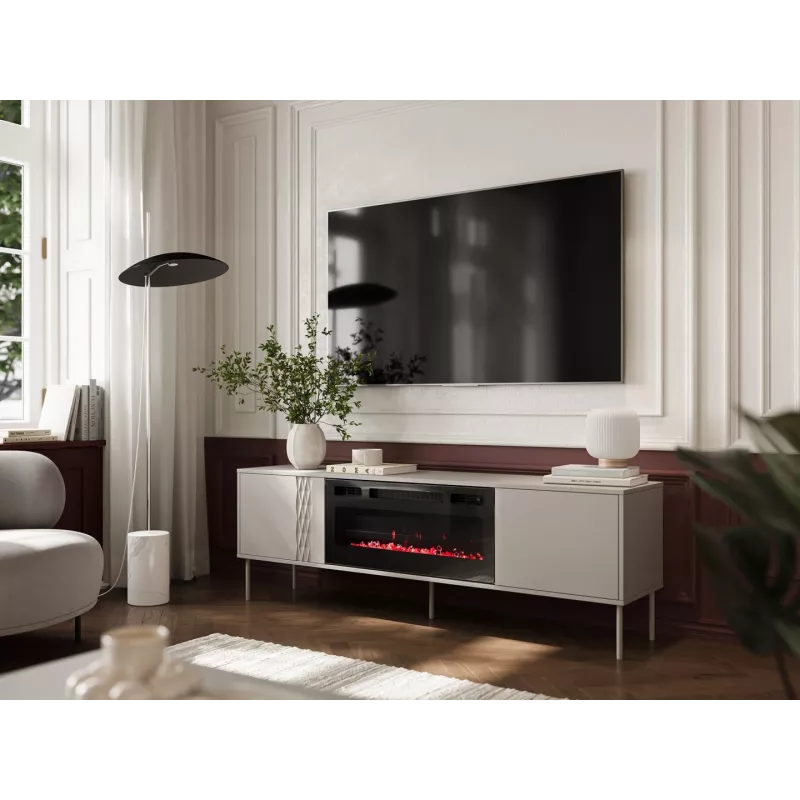 TV skapis ar kamīnu Cama Meble TRESSE 180x40x54.5 cm — melns rāmis, cashmere matt virsma