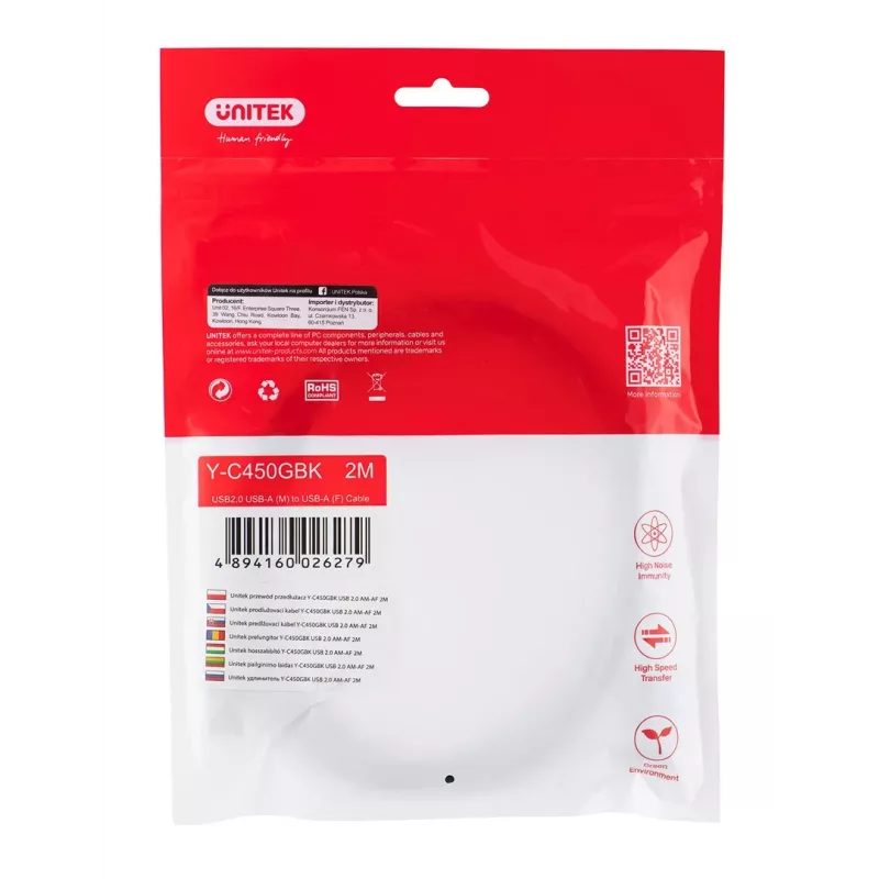 UNITEK Y-C450GBK USB kabelis 2 m USB 2.0 USB A Melns