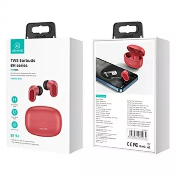 Bezvadu TWS ausiņas usams BH sērija BHUBH03 Bluetooth 5.1, sarkana — iekšauss, ar uzlādes futrāli