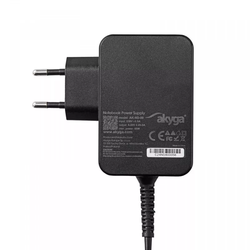 Akyga AK-ND-80 USB-C GaN klēpjdatora barošanas adapteris 45 W, PD 3.0, 5–20 V, 1,8 m kabelis, melns