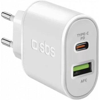 SBS barošanas bloks - 20 W - 3 A - ātrā uzlāde, PD - 2 izejas porti (USB, 24 kontaktu USB-C) - balts - Eiropa (TETRPD20W)
