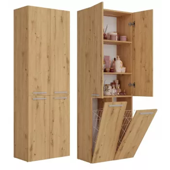 Brīvi stāvošs vannas istabas skapis NEL 2K DD ART KPL — ozola rāmis, 600×300×1740 mm, 3 plaukti