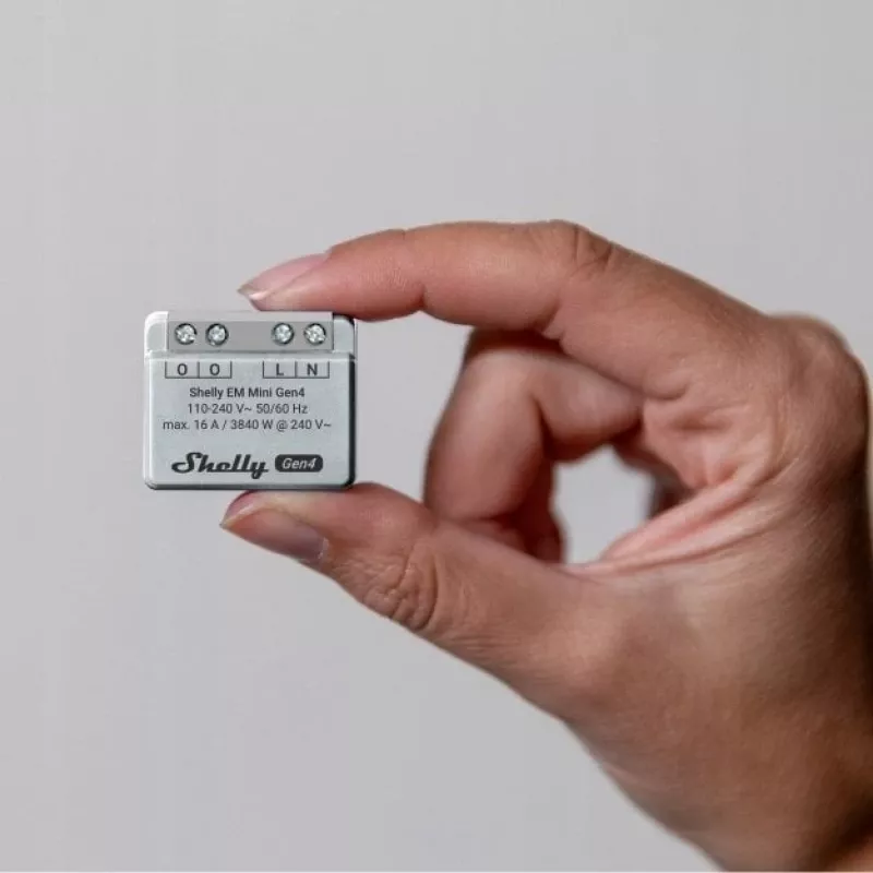 Shelly Relay EM Mini Gen4 1-kanāla viedais relejs ar enerģijas mērītāju, Wi‑Fi Matter Zigbee Bluetooth, 8A, 110–240V
