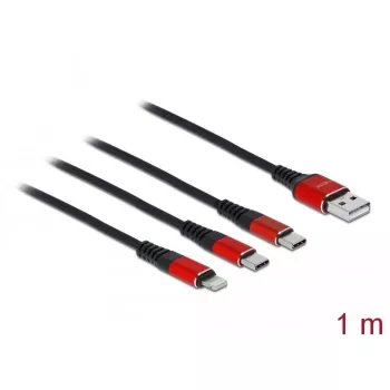 USB lādēšanas kabelis DeLOCK 3 in 1 Type-A uz Lightning / 2 x USB Type-C 1 m melns/sarkans