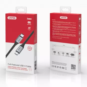 UNITEK C14091ABK USB-C kabelis 2m, USB 3.2 Gen 2, 100W PD, 4K@60Hz, melns