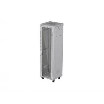 19 collu 42U LANBERG stāvošais skapis 600×600 mm Pelēks ar stikla durvīm un LCD (Flat Pack)