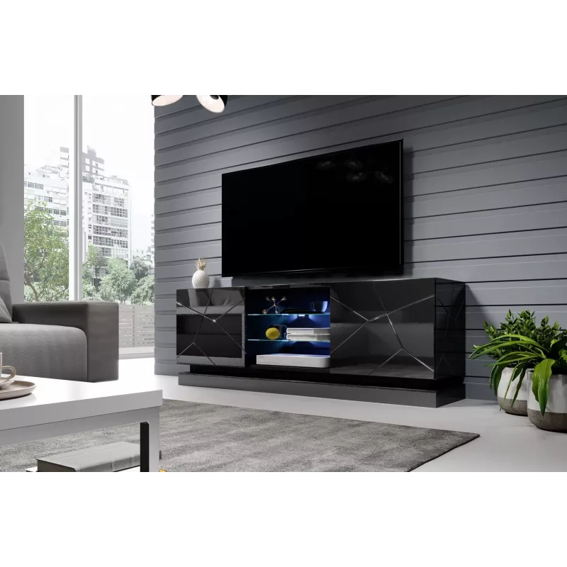 TV skapis Cama Meble QIU 160 — MDF melns spīdums, 1600×420×570 mm