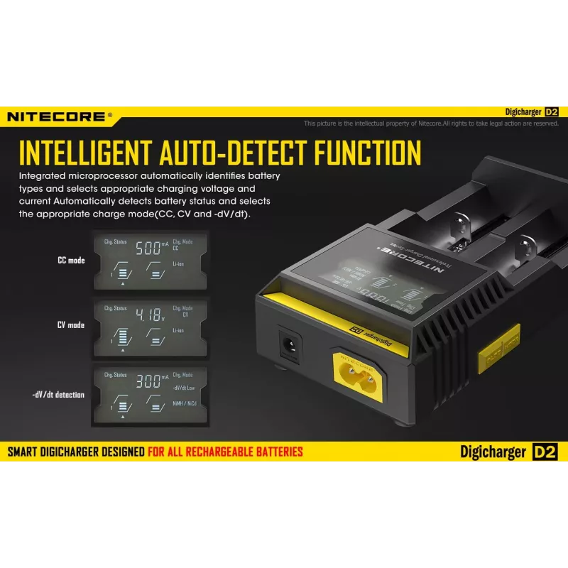 Akumulatoru lādētājs Nitecore D2 — 2 slotu lādētājs AA/AAA/AAAA/C baterijām, 100–240V ieeja, 4.2V izeja, melns