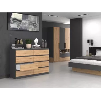 Kumode ar 8 atvilktnēm Top e shop M8 140 ANT/ART — Antracīts/Ozols, 1380×400×970 mm, skaidu plātne