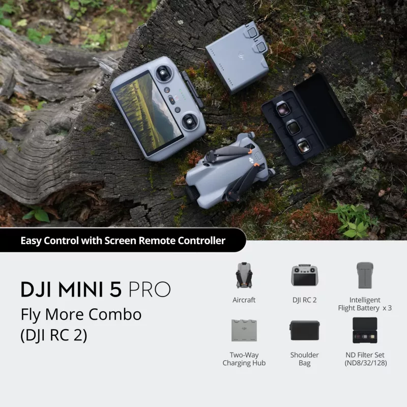 DJI Mini 5 Pro Fly More Combo (RC2) – viegls dronis ar 50 MP kameru, Lidar, 3 akumulatoriem un tālvadības pulti ar ekrānu
