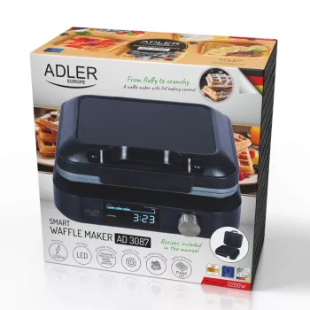 Vafeļu cepšanas iekārta Adler AD 3087 — elektriskā Beļģu vafeļu dzelzs, 2200 W, 2 taisnstūra plāksnes 9×17 cm, melna