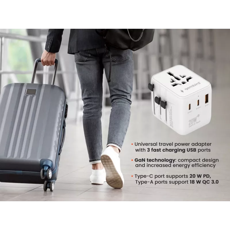 Ceļojumu lādētājs GEMBIRD TPA-1A2C20-01-W — 20 W, USB-A (18 W) + 2× USB-C (20 W), E tipa kontaktdakša, balts