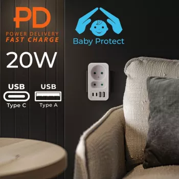Strāvas sadalītājs MACLEAN MCE249 F/W — 2x kontaktligzdas (16A + 6A) un 4x USB (2x A, 2x C PD 20W)