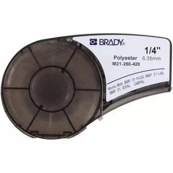 Līmlentes etiķete Brady M21-250-423, termopārnese poliesters, melns uz balta, 6,35 mm x 6,4 m