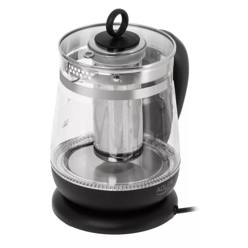 Adler tējkanna AD 1299 | Elektriskā | 2200 W | 1.5 L | Stikla | 360° grozāma pamatne | Melna