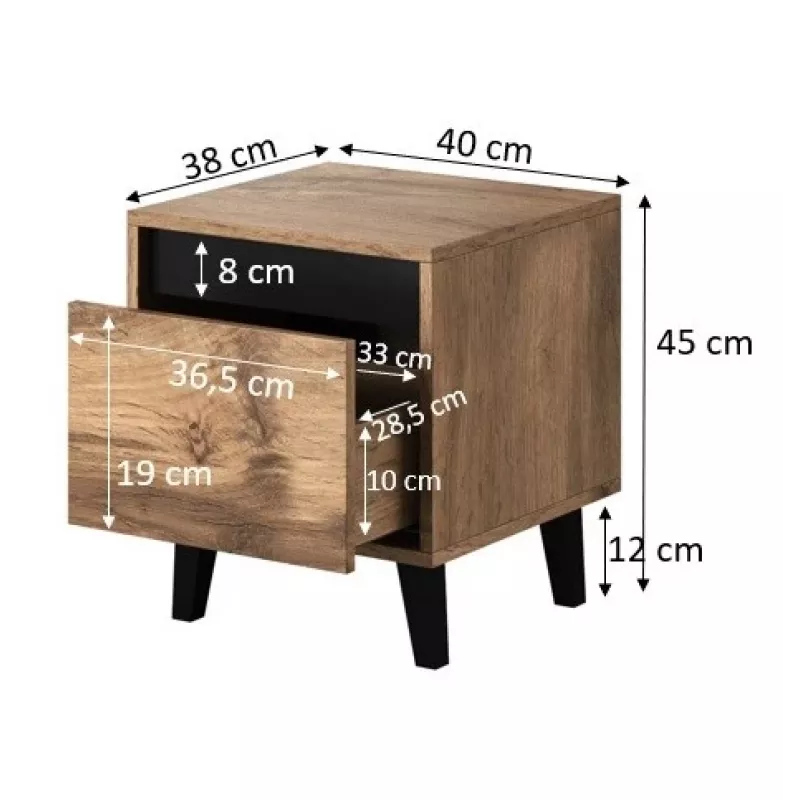 Naktsgaldiņš cama meble NORD, komplekts 2 gab., 40×38×45 cm, ozols wotan/antracīts, 1 atvilktne, 16 mm rāmis