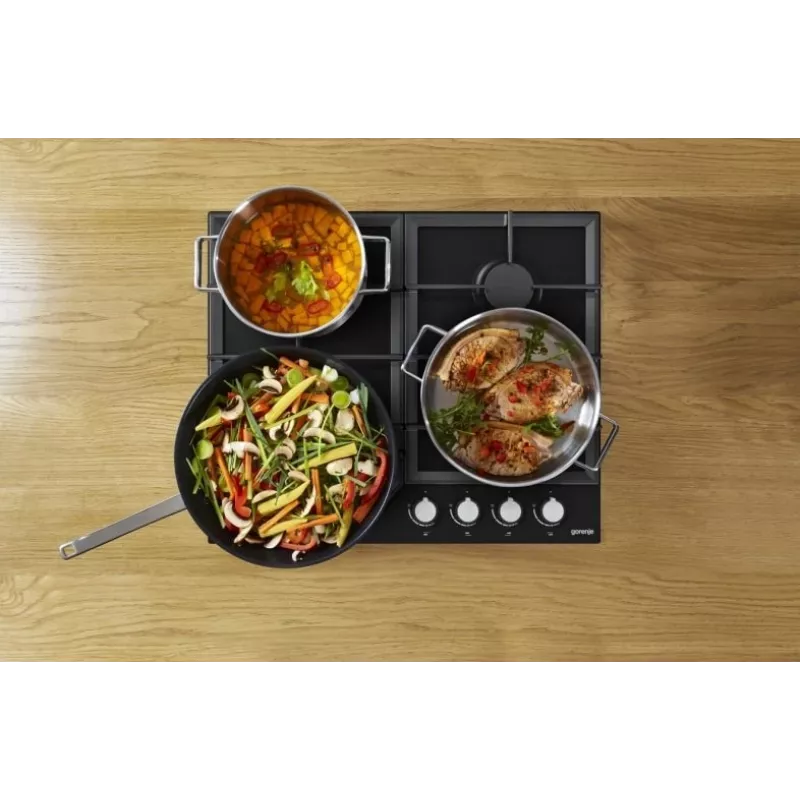 Gāzes plīts virsma Gorenje GT641KB, iebūvējama 60 cm, 4 gāzes zonas, rūdīts stikls, čuguna režģi, rotācijas pogas