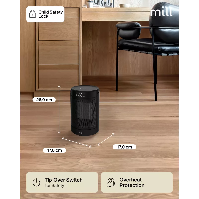 Keramikas sildītājs ar ventilatoru Mill FH1500BLACK 1500 W telpām līdz 22 m², melns