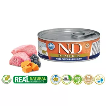 Slapjā barība kaķiem Farmina N&D Pumpkin Lamb with Blueberry paciņa 70 g – graudiem nesaturoša recepte pieaugušiem kaķiem
