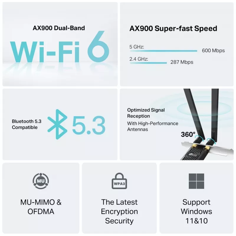 TP-LINK Archer TX10E AX900 PCIe Wi-Fi 6 Bluetooth adapteris