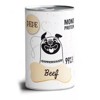 Mitrā suņu barība PAKA ZWIERZAKA Pepe Beef 400 g — pilnvērtīga konservēta barība pieaugušiem suņiem