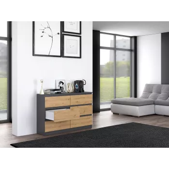 Kumode Top e shop M6 120 — Antracīts/Ozols, 6 atvilktnes, 1200×300×770 mm, skaidu plātne