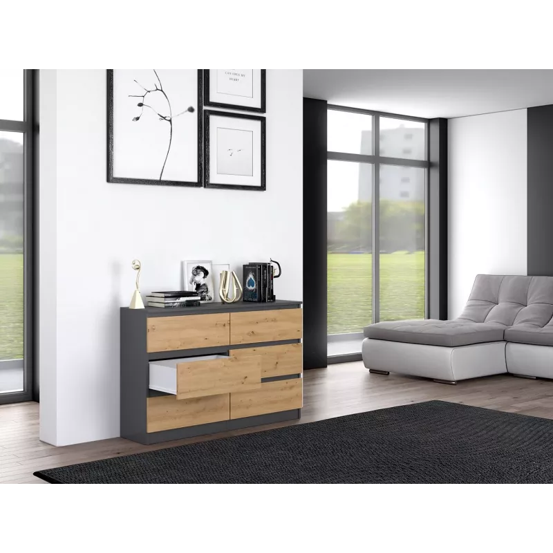 Kumode Top e shop M6 120 — Antracīts/Ozols, 6 atvilktnes, 1200×300×770 mm, skaidu plātne