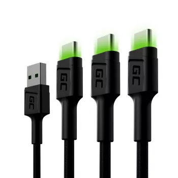 USB-C kabelis Green Cell KABGCSET02 1.2 m (USB A uz USB C, 2.4 A, 480 Mbps) 3 komplekts ar LED fona apgaismojumu