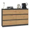 Kumode Top e shop M6 120 — Antracīts/Ozols, 6 atvilktnes, 1200×300×770 mm, skaidu plātne