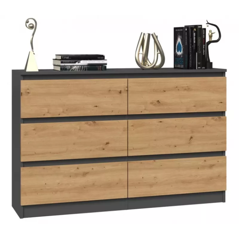 Kumode Top e shop M6 120 — Antracīts/Ozols, 6 atvilktnes, 1200×300×770 mm, skaidu plātne