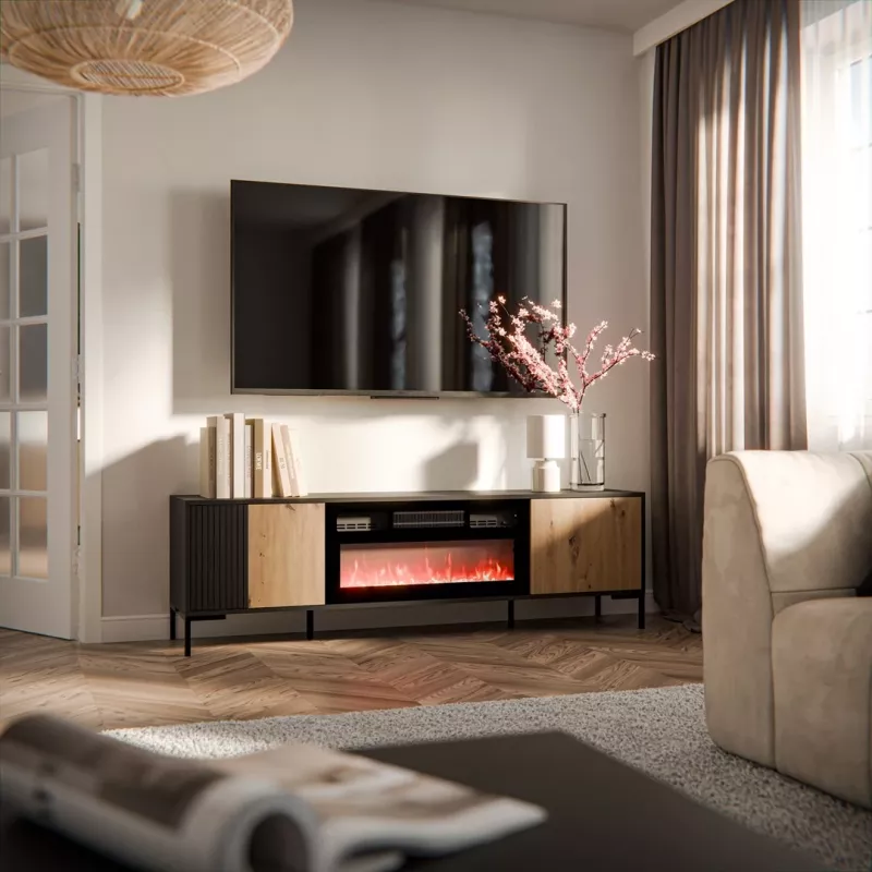 TV skapis CAMA MEBLE MERCI ar kamīnu, 180 x 40 x 53,5 cm, melna virsma, ozolkoka rāmis