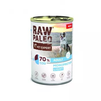 Slapjā suņu barība VETEXPERT Raw Paleo Cod Light Adult, konservēta 400 g, zivju garša, 11.3% olbaltumvielas, 1.7% tauki