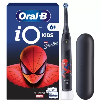 Elektriskā zobu birste BRAUN Oral‑B iO Kids Marvel Spiderman — uzlādējama, 3 režīmi, 2 minūšu mūzikas taimeris, ceļojuma maciņš, 1 birstes galviņa, litija‑jonu