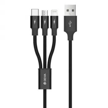 USB 3-in-1 uzlādes/datu kabelis Devia Kintone Series — Lightning, Micro-USB, USB-C, 1,2 m, melns