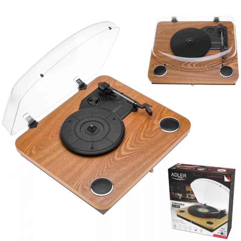 Adler AD 1914e skaņuplašu atskaņotājs ar USB, Bluetooth, 33 1/3 un 45 apgr./min., keramisko adatu, iebūvētiem 2x0,8 W skaļruņiem, RCA izeju