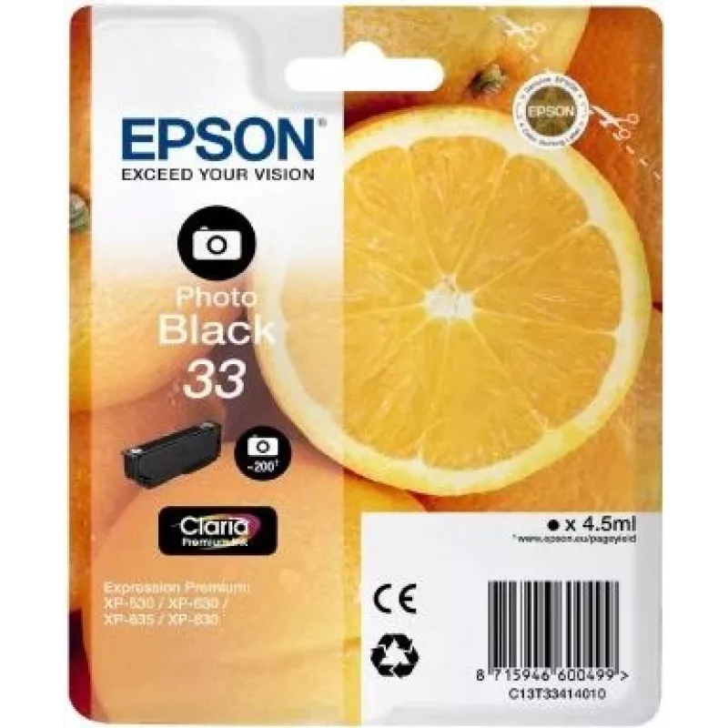 Epson Oranges C13T33414010 oriģinālā tintes kasetne, 1 gab., Photo melna