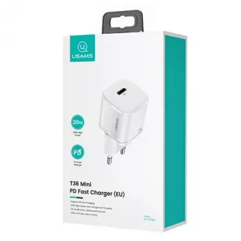 USAMS T36 mini USB-C tīkla lādētājs, 20 W, PD 3.0, ar 1 m USB-C – Lightning kabeli