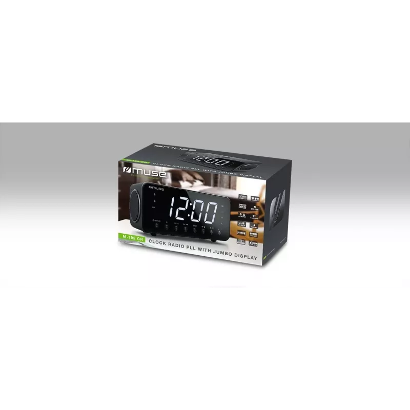 Modinātājs ar radio Muse M-192 CR — digitālais pulkstenis, FM uztvērējs, 1,8 collu LED displejs, melns koks, AC 100–240V, AAA rezerves