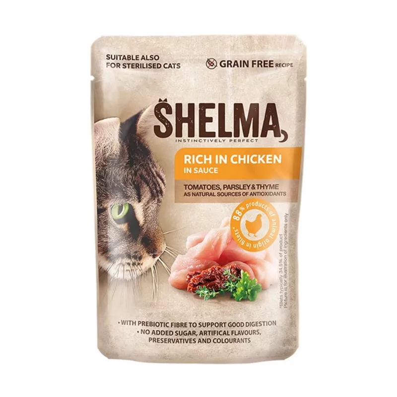 Slapjā barība kaķiem SHELMA multipaka 4×85 g — pieaugušiem kaķiem, vistas, tītara, liellopa, pīles, bezgraudu