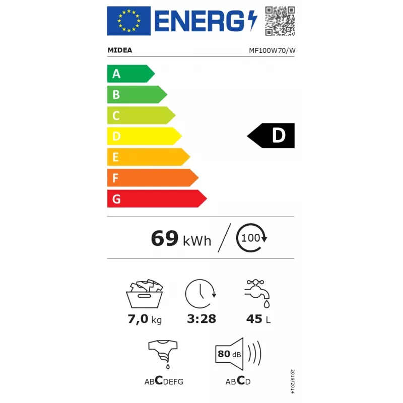 Midea MF100W70/W priekšējās ielādes veļasmašīna — 7 kg, 1200 apgr./min, Enerģijas klase D, 60 cm platums