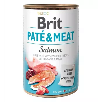 Slapjā suņu barība Brit Paté & Meat ar lasi 400 g – pilnvērtīga konservēta maltīte pieaugušiem suņiem, 75% mitrums, 11% olbaltumvielas, 9% tauki