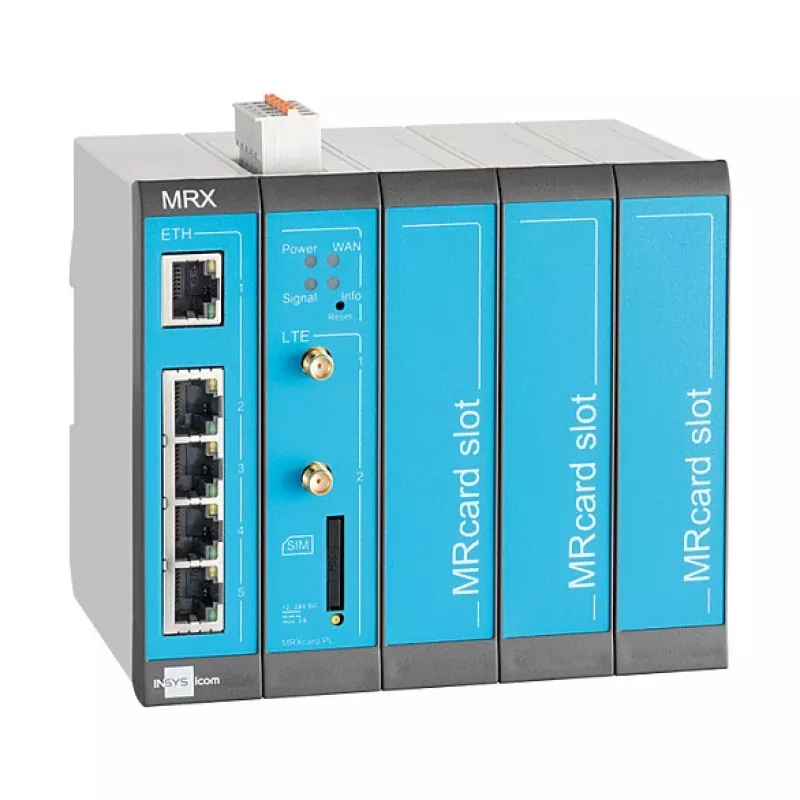 4G maršrutētājs INSYS icom MRX5 LTE — Fast Ethernet 10/100 Mbps, BGP/OSPF/RIP, IPSec, RADIUS
