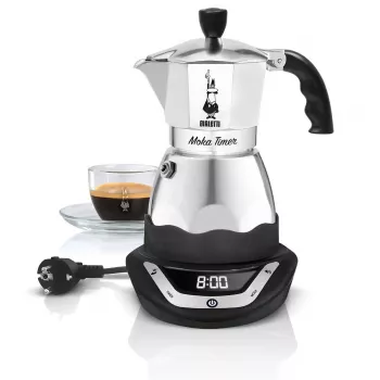 Elektriskā moka kafijas automāts BIALETTI Moka Timer 3 tases, programmējams LED displejs, alumīnija korpuss